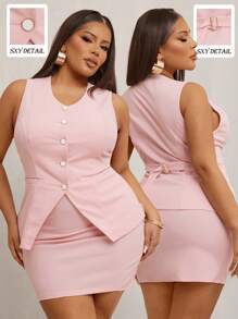 SHEIN SXY Conjunto elegante y sexy para mujer de talla grande: Top ajustado sin mangas de unicolor + Falda lápiz a juego, para primavera y verano