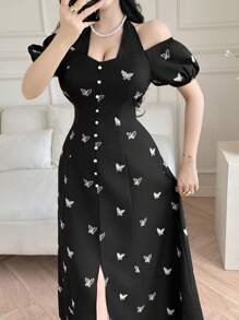 Modelyn 女士优雅蝴蝶印花露肩连衣裙，夏季 - 黑色 - 查看 2