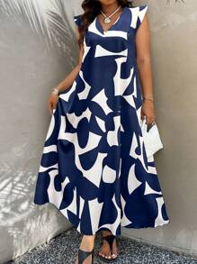 SHEIN Holidaya Plus Size Random Print V-Neck Sleeveless Casual Vacation Dress, Summer