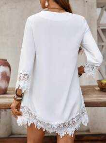 INAWLY Vestido de manga comprida com decote em V e patchwork de renda, cor sólida, moda para o verão - Branco - Ver 2