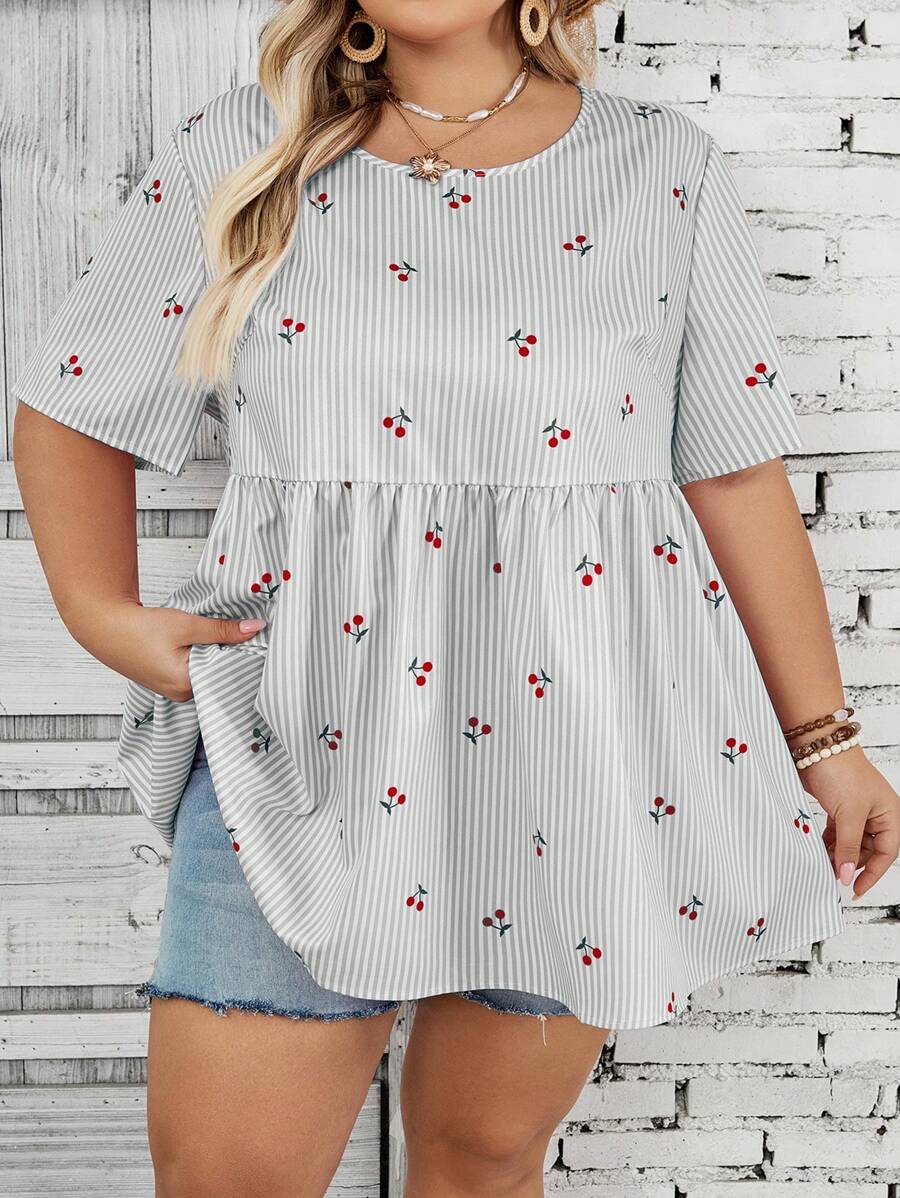 SHEIN CURVE+ Plus Size Women's Loose Cherry Graphic Print Striped Shirt For Beach Vacation Boho Vacationbeach Outfits For Woman/Beach Dress/Beach Vacation Outfits/Beach Essentials / Graduation/Tea Party Dresssummer/Country/Beach Vacation Outfits/Beach Outfits/Beach Wear