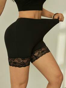 SHEIN PETITE 2pcs Contrast Lace Leggings Set, Summer - Black - View 4