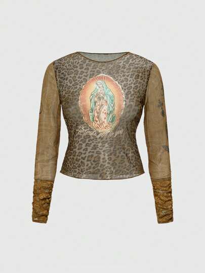Fairycore Plus Size Women's Y2K Vintage Religious Virgin Mary Leopard Print Sheer Fitted Top