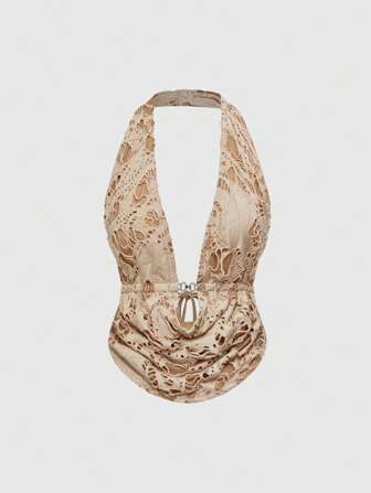 Plus Size Women Metal Decor Halter Textured Fabric Top