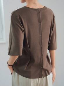 Dazy-Less Camicetta estiva da donna in maglia piisseggiata con bottoni, tinta unita, stile casual business, vita stringata, maniche corte con fiocco sul retro