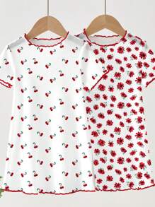 SHEIN Leap Crew Baby Girls Cherry Blossom Pattern Casual Dress Set With Ruffle Hem, Summer - Multicolor - View 3