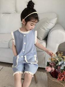 DAZY Young Girl Patchwork Frill Trim Button Accent Jumpsuit, Summer - Blue - View 5