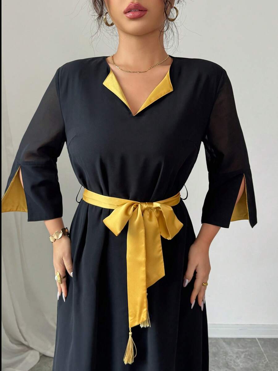 SHEIN Unity Design Colorblock Belted Split Sleeve Women Dress - Black - View 1