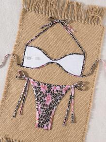 Swim SXY 2 Stücke Damen Leopard Muster Schnür-Rückenfreier Bikini Badeanzug - Pink - Übersicht 6