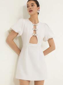 Chiquease Off-White,Summer,Elegant,Birthday Party White Rhinestone Bow Accent Front Cutout Round Neck High-End Puff Sleeve Waist-Fitted Mini Dress For Wedding - White - View 6
