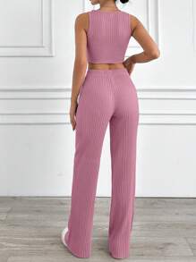 EURMUSE Women Summer Simple Solid Color Ribbed Cropped Tank Top And Shorts Set - Baby Pink - View 2