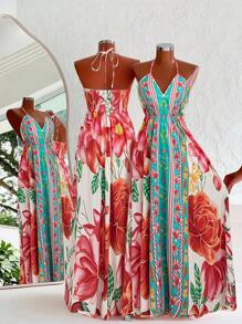 Flirla Plus Size Vintage Floral Printed Romantic Palace Style Dress, Spring/Summer - Red - View 1