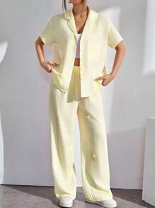 SHEIN PETITE 新款红白条纹印花短袖衬衫和裤子家居休闲两件套 - 黃色 - 查看 4