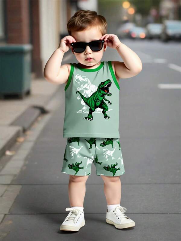 SHEIN Baby Boy Casual Simple Soft Comfortable Stylish Cartoon Cool Dinosaur Print Sleeveless Round Neck Vest & Dinosaur Silhouette Print Shorts Set, Suitable For Spring/Summer