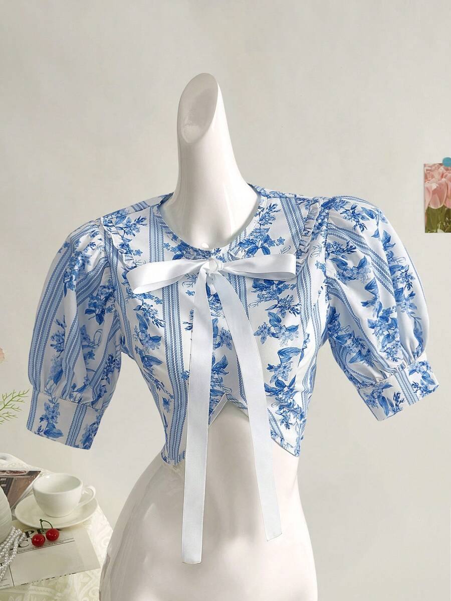 SHEIN MOD Top halter com estampa floral vintage, camisa de verão, camisa elegante, camisa boêmia, roupa feminina estilo resort - Multicolorido - Ver 1