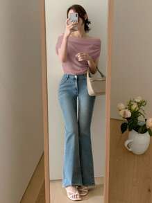 DAZY Women Off Shoulder Ruched Solid Color Casual Short Sleeve T-Shirt