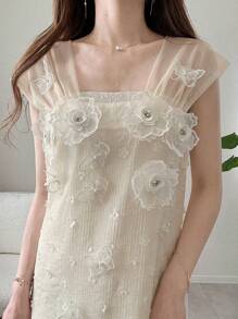 FRIFUL Women's Holiday Splicing Chiffon Mesh Strap Rose Flower Decor Straight Hem 2 In 1 Sweet Cream Yellow Long Dress, Ladies Summer Outfit, Graduation Dress, Wedding Guest Dress