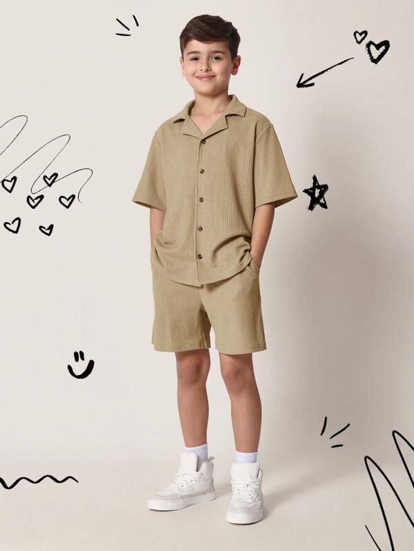 SUMWON Conjunto de camisa de manga corta y pantalón corto con textura de tela tipo waffle para verano - conjunto de dos piezas para playa, vacaciones y uso informal