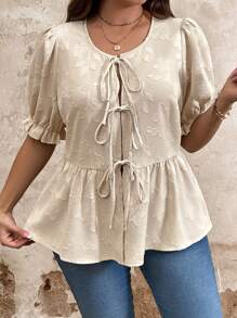 SHEIN LUNE Camisa casual de talla grande con anudado en unicolor y diseño jacquard - Albaricoque - Ver 1