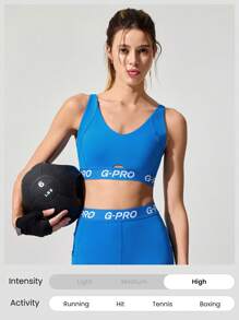 GLOWMODE Sujetador deportivo Powersculpt™ de alta sujeción con tirantes cruzados ajustables, banda elástica y escote en V, para entrenamiento, gimnasio y , con copas extraíbles - Blue Power - Ver 6