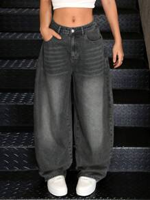 SHEIN 少女复古 Y2K 风格 2000 年代休闲男友风宽松牛仔裤，适合街头潮流 - 灰色 - 查看 3