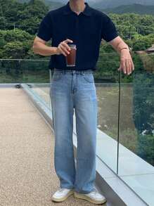 DAZY Men's Half-Zip Solid Navy Blue Knitted Sweater, Summer - Navy Blue - View 3