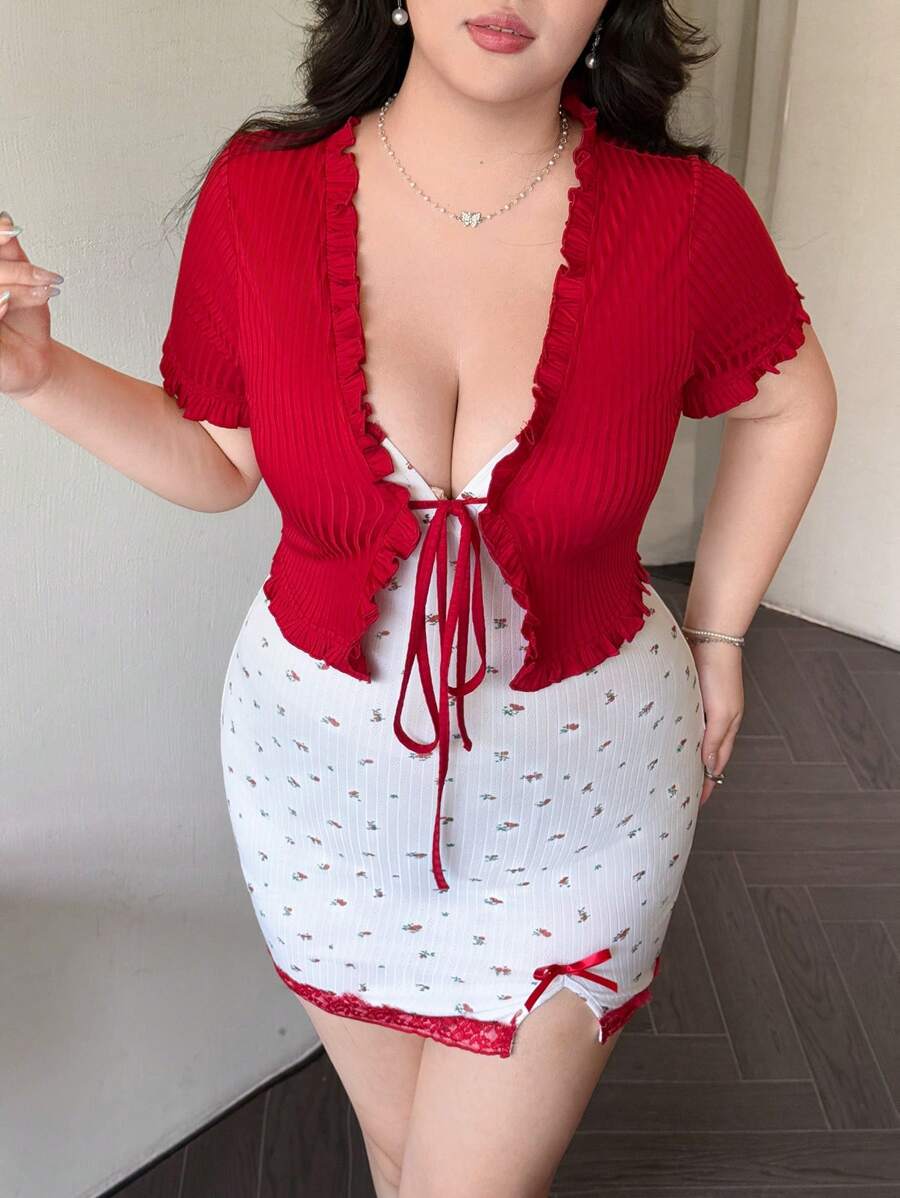 Flirla Plus Size Elegant Solid Color Tied Blouse And Mini Ditsy Floral Dress Two Pieces Set, Summer - Red - View 1