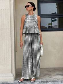 Siren Gaze Boho Chic Summer Outfits For Women 2025: Plaid Ruffle Hem Sleeveless Open Back Blouse & Wide-Leg Pants Set - Vacation, Festival, Beach Resort Casual Two Pieces Ensemble With Breathable Linen-Like Fabric Women Summer Clothing Summer Clothes Women Clothes Women Summer Shirts Women Clothing Summer Outfits Check - Black and White - View 6
