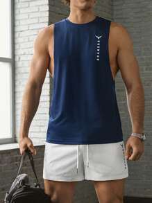 BRENVOR Conjunto de 2 piezas de hombre muscular: Camiseta sin mangas de punto casual y elegante de corte slim + Pantalón corto recto con cintura elástica y estampado de letras, color azul y blanco - Esencial para viajes, Regalo de verano para el novio