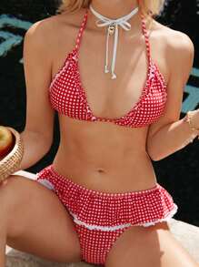 Swim Mod Cute Vacation Ruched High-Cut Bandeau Bikini For Summer - Red and White - View 3