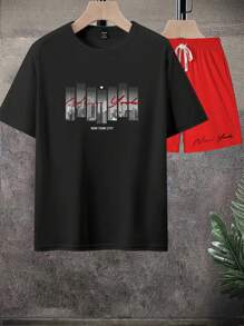 Manfinity Homme 男士字母印花圆领短袖休闲T恤和抽绳腰短裤套装男士两件套服装短裤 - 彩色 - 查看 2