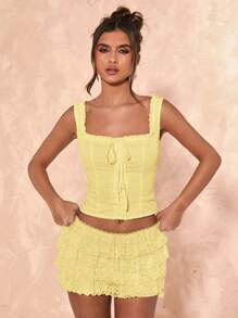 SHEIN BAE 女装春夏浪漫日常休闲度假简约海滩音乐节刺绣面料无袖外出夏季上衣，热带度假，狂欢节 - 黃色 - 查看 5