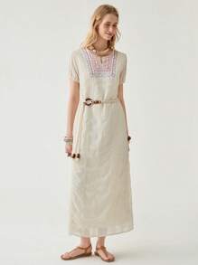 Florisole Women's Bohemian Embroidery Notched Neck Short Sleeve Casual Holiday Dress, Spring/Summer