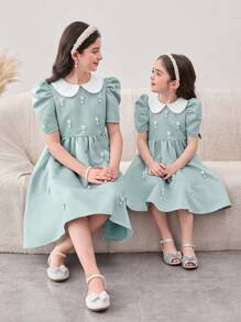 青少年女孩办公室优雅翻领短袖连衣裙 - 薄荷綠 - 查看 3