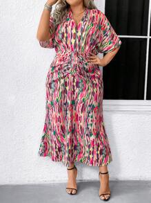 SHEIN Clasi 大码 V 领蝙蝠袖鱼尾下摆印花长连衣裙