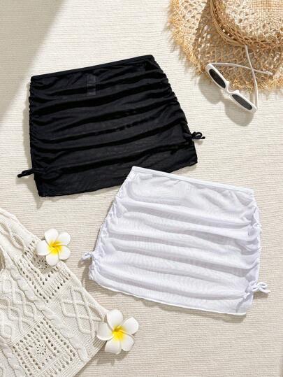 2pcs/Set Tween Girl Solid Color Side Drawstring Ruched Cover-Up Wrap Skirt Skirt Outfits For Girls Kid Clothes For Girls Skirts Summer Skirts For Girls Sets Skirts Young Girls Girls Skort Outfits