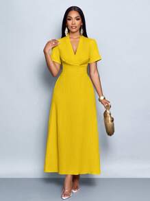 SOLERSUN Solid Color Deep V-Neck Short Sleeve Elegant Office/Commute Dress, Summer - Mustard Yellow - View 5