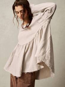 Bohemela Plus Size Woven Loose Fit Long Sleeve Shirt,Vintage - Apricot - View 9