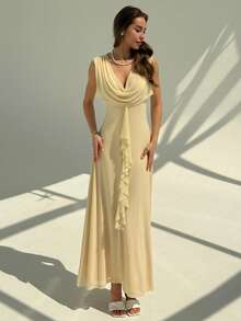 Aloruh Đầm suông không tay cổ xếp nếp màu trơn thanh lịch cho nữ - Màu be - Xem 4