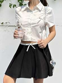 SHEIN Teen Girl Versatile Casual Simple Comfortable Contrast Color Tie Bow Pleated Skirt - Black - View 4