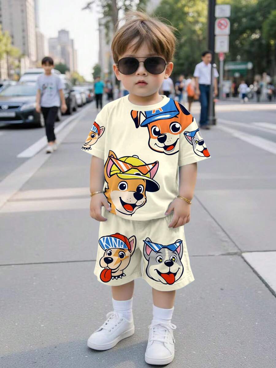 SHEIN Leap Crew 2 件套小男孩可爱小狗图案圆领短袖 T 恤和短裤套装,休闲时尚,适合夏季 - 彩色 - 查看 1