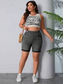 SHEIN LUNE Plus Size Denim Shorts, Fashion For Summer - Light Grey - View 5