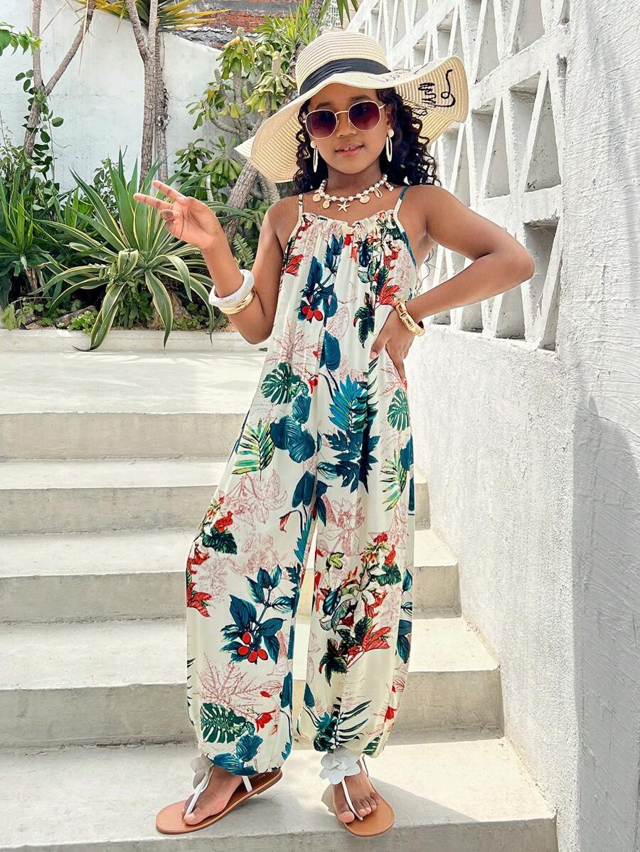 SHEIN 青少年女孩休闲夏季度假风格宽松热带植物印花吊带连体裤夏季灯笼裤夏威夷连体裤 - 彩色 - 查看 1