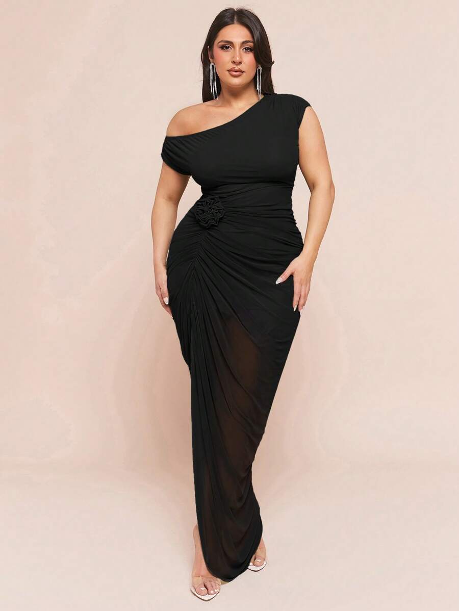 SHEIN BAE 大码绿色 3D/压花花卉长裙，优雅礼服，适合夏季/女士夏装/夏装、海滩、度假、返校、春夏连衣裙、荷叶边侧开衩长裙/婚纱/伴娘礼服/鸡尾酒会礼服/派对礼服、女士夏装、女士婚礼宾客礼服