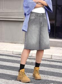 SHEIN Teen Boy Fashion Old Money Casual Light Grey Denim Loose A-Style Loose Hem Wide-Leg Denim Boy Shorts For Boy Soft Dailywear And The Four Seasonsr Teen Boy Clothes - Grey - View 5