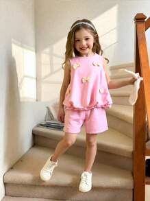SHEIN Elladie kids 2 sztuki/zestaw dla młodych dziewcząt: elegancki top bez rękawów z kokardą i luźne szorty - Różowy - Zobacz 1