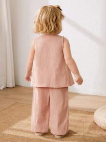 Cozy Pixies Baby Girl Bow Decor Crew Neck Sleeveless Top And Elastic Waist Pants 2 Pieces Set - Pink - View 2