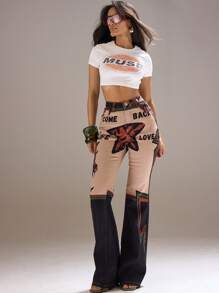 MUSERA Fitted Cropped Faded Graphic T-Shirt Festival, Concert, Rave, Club, Summer, Sexy Backstage Graphic Tees Airport Rave Back To School ,Elegant - White - View 4