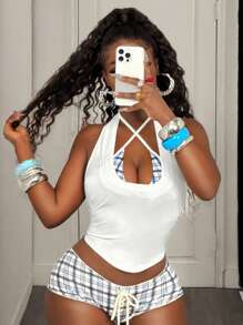 BamGleam Blusa corta con espalda descubierta y patchwork a cuadros blancos