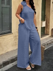 SHEIN Clasi 2 件套加大码纯色斜肩 3D 花卉上衣和裤子，夏季时尚